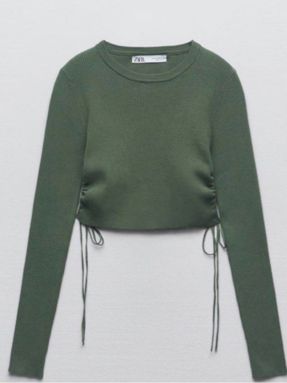 Zara Olive Green Cropped Rib Knit Top - Size Medium